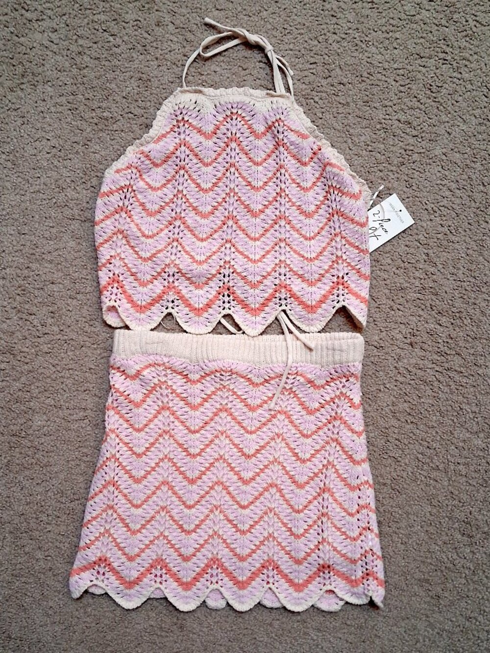 NWT FRESHMAN 1996 Ivory/Pink/Orange Chevron Crochet Halter & Skirt Set sz S